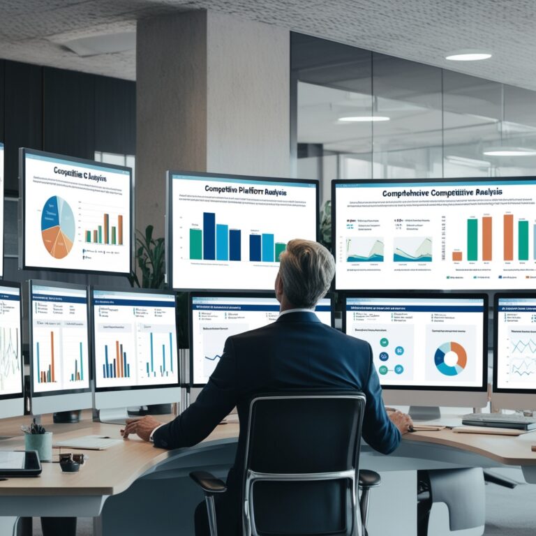 Executive viewing comprehensive competitive analysis on multiple screens, side-by-side platform comparisons, performance metrics charts, modern business office setting, professional corporate photography, decision-making atmosphere, confident business professional